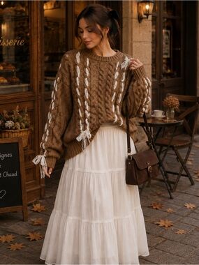Coquette Cottagecore Major Label Group Cableknit Lace Sweater Brown White XL